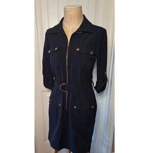 Navy Blue Utility Dress with Snap Pockets, Belt, Zipper Front And Rolled Sleeves